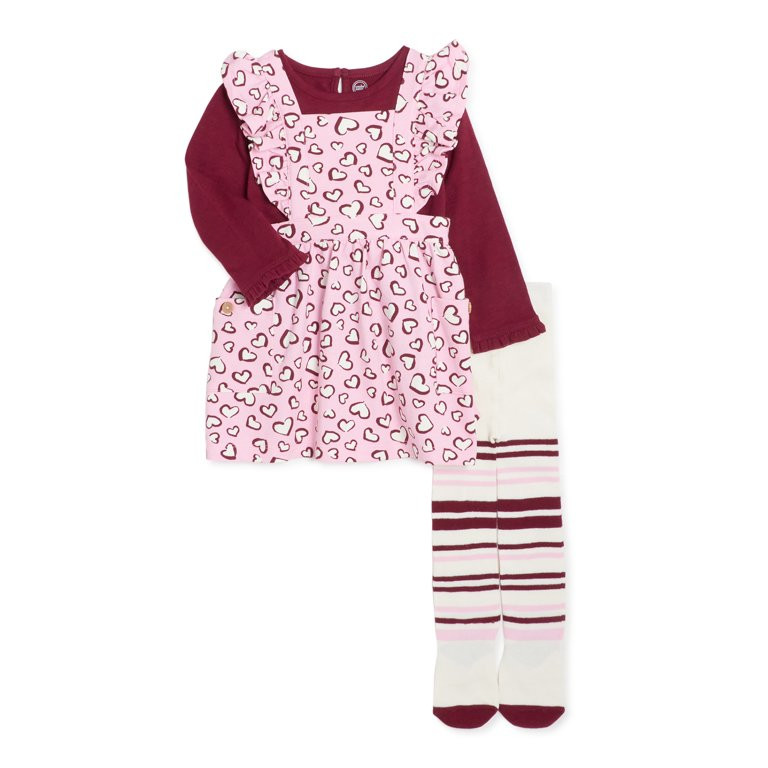 Wonder Nation Baby Girl Pinafore Dress, Long Sleeve Top & Tights Outfit Set, Sizes 0/3-24 Months | Walmart (US)
