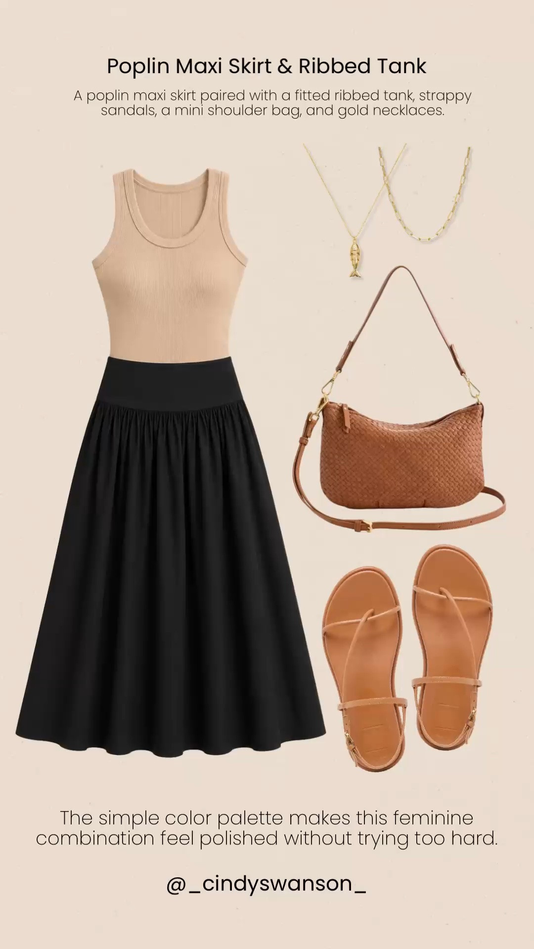 A poplin maxi skirt paired with a fitted ribbed tank is such a simple, polished combination. I love the contrast of the black skirt with warm neutral accessories, it feels feminine and put-together while still being easy enough for everyday summer dressing.

💡 LTK MADE EASY
❤️ Heart = Support my posts!
🔖 Save = Get sale & restock alerts
📋 Lists = Keep favorites organized
📲 Share = Send lists and products to a friend. Hello, Christmas List!
💬 Comment = Ask me anything about what I’m wearing. :-)

#LTKootd #LTKOver40 #LTKgrwm