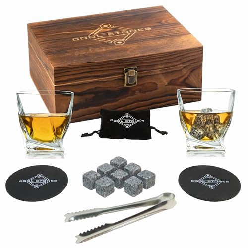 Cool Stones Whiskey Glass Gift Set - 2 Whiskey Glasses and Whiskey Stones with Tongs in Velvet Bag All Presented in an Elegant Wooden Box for Men (Vintage-Wood-Vintage-Rocks) | Amazon (US)