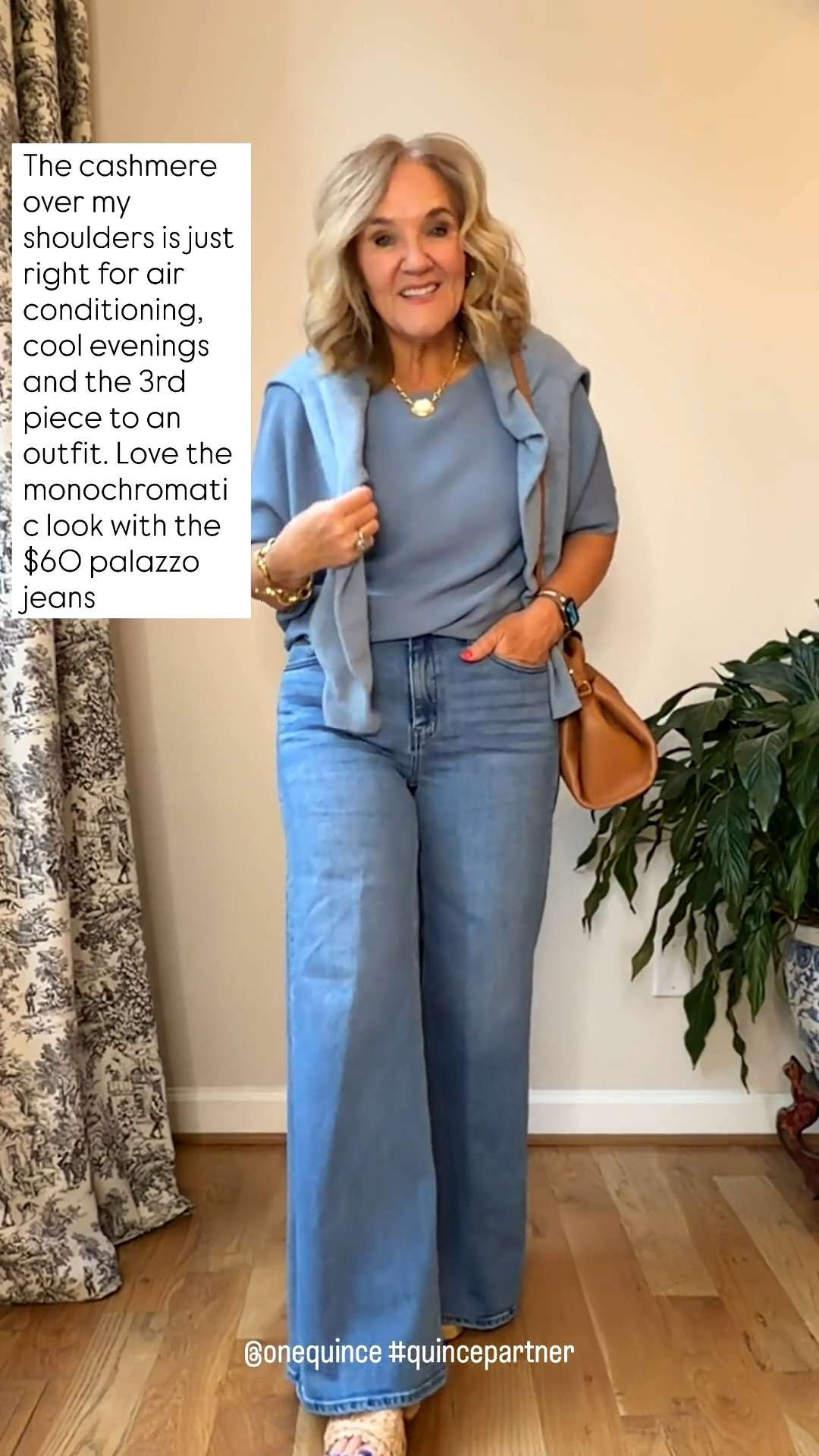 This monochromatic blue outfit is such an easy elevated casual look 💙 The soft crewneck cashmere sweater paired with wide leg palazzo jeans feels polished but still relaxed and comfortable. 🫶🏻 

 #LTKootd #LTKSeasonal #LTKOver40