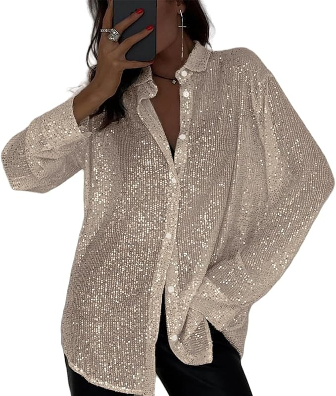 Womens Sequins Long Sleeve Collared Shirt Button Down Open Front Shirt Loose Blouses Shirts Tops | Amazon (US)
