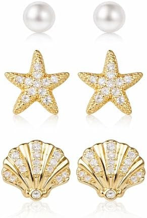 Beach Earrings for Women, Seashell & Starfish Pearl Studs for Summer, Gold Beach Jewelry, Dainty ... | Amazon (US)
