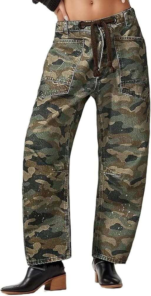 loveimgs Women Baggy Camo Cargo Pants Barrel Jeans Sweatpants Mid Rise Jeans Drawstring Denim Pan... | Amazon (US)
