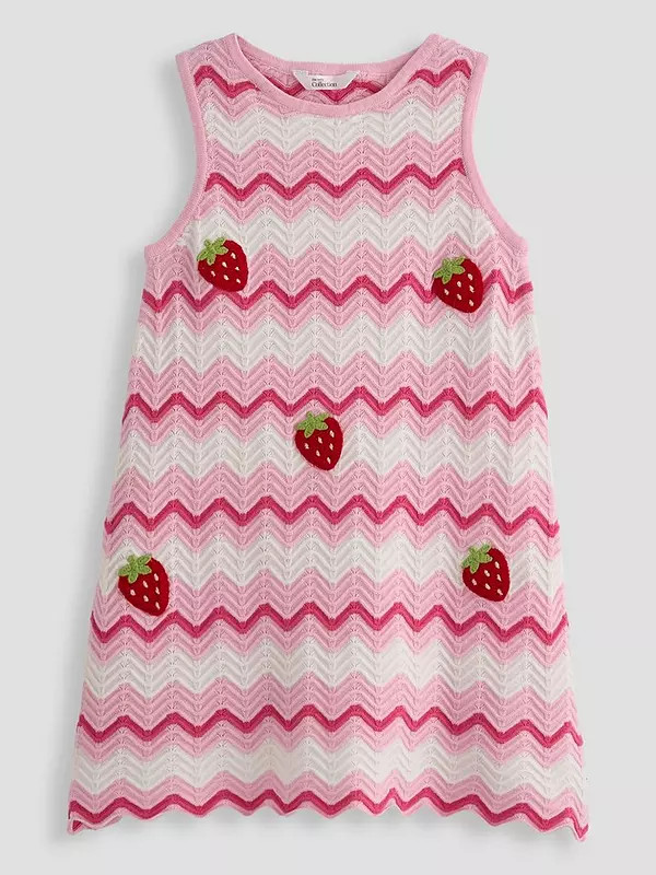The Very Collection Girls Knitted Stripe Dress With Strawberry Crochet - Pink | Very (UK)