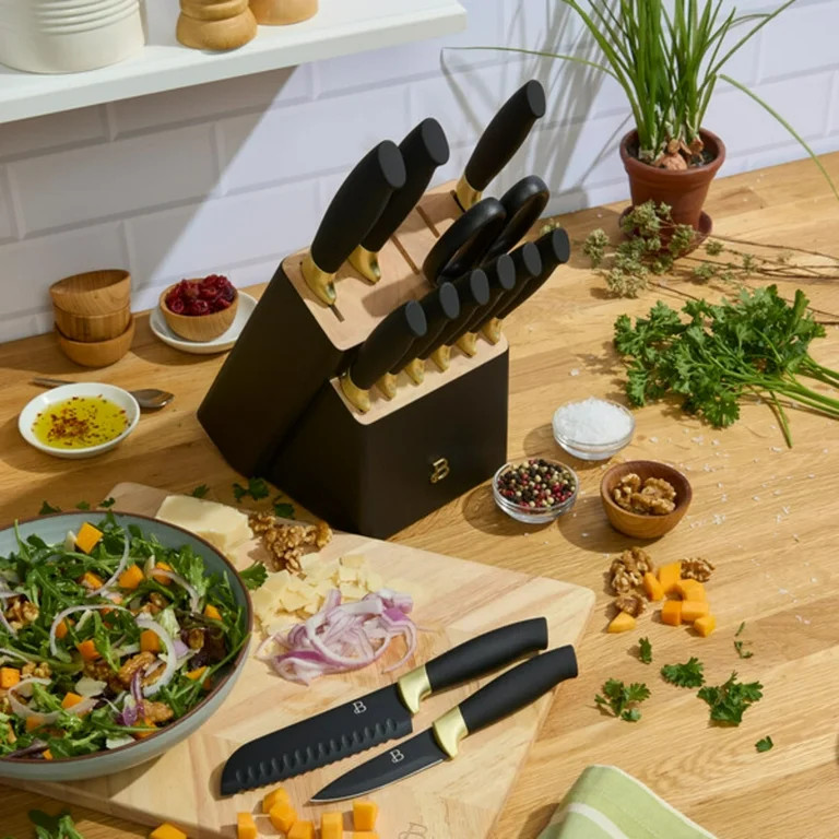 Beautiful 14-Piece Black & Gold Knife Block Set with 11x14 Herringbone Wood Cutting Board by Drew... | Walmart (US)