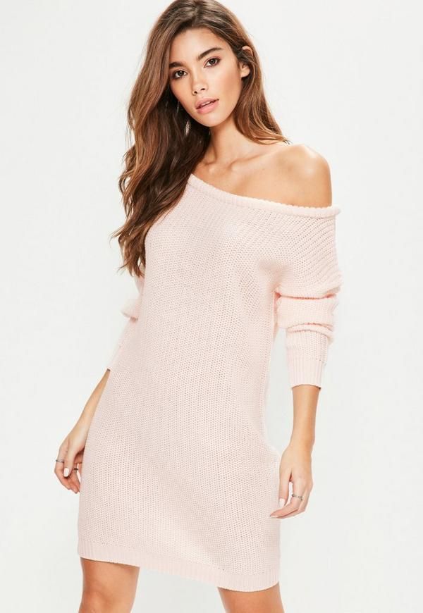 Pink Off Shoulder Knitted Sweater Dress | Missguided (US & CA)