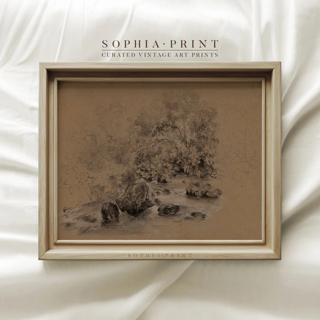 Vintage Brown Landscape Print, Stream Drawing, Moody Wall Art, Rustic Sketch Art, Farmhouse Decor... | Etsy (US)