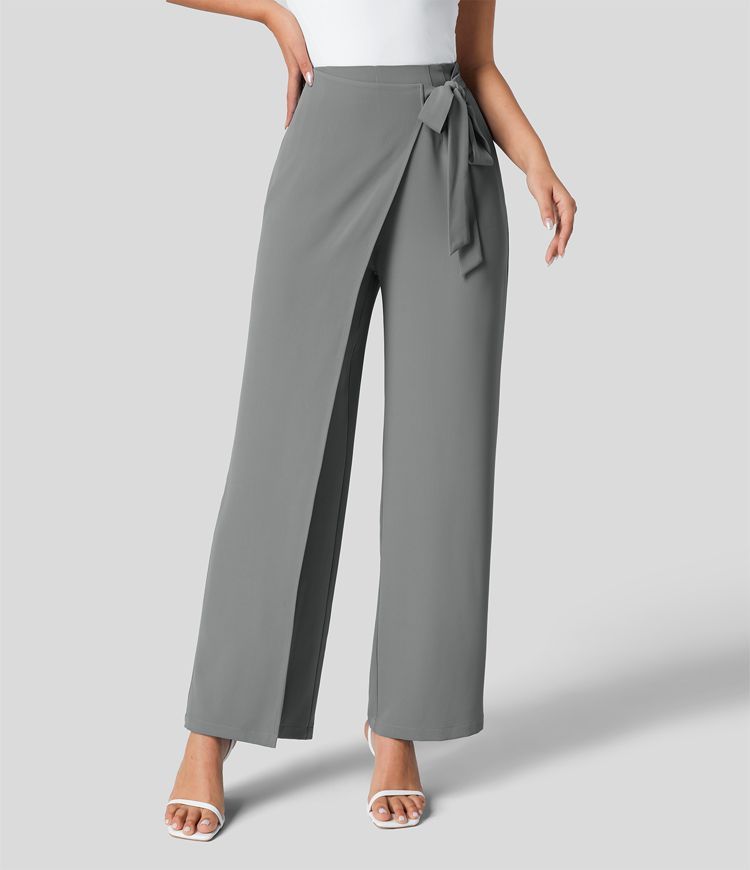 High Waisted Tie Side Invisible Zipper Wide Leg Work Suit Pants | HALARA