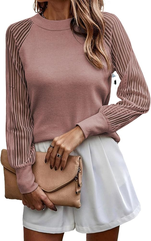 Dokotoo Womens Fall Crewneck Mesh Lace Long Sleeve Ribbed Knit Blouses Solid Color Pullover Tops | Amazon (US)