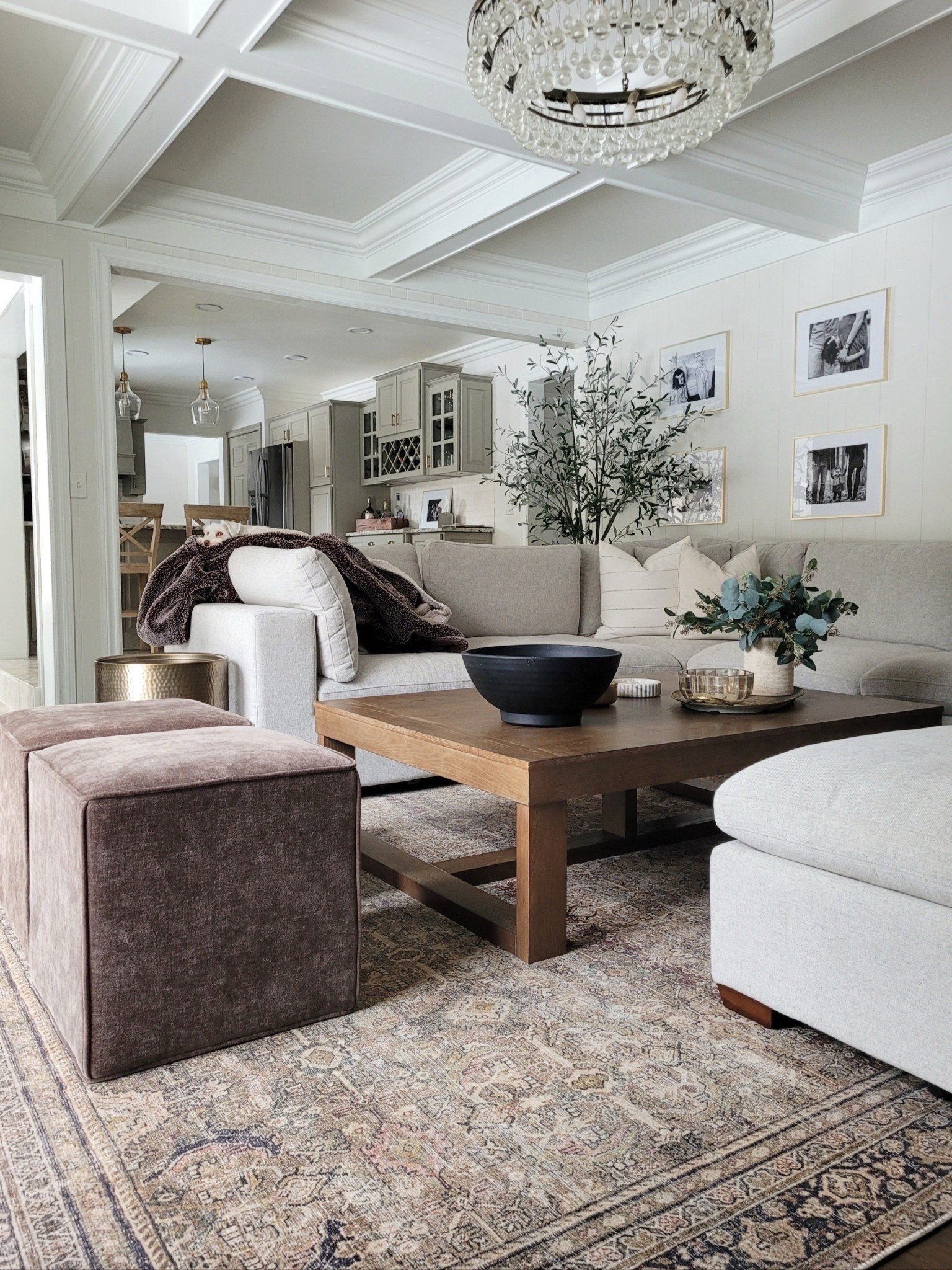 Spring Living Room inspo - affordable coffee table,  living room styling, living room rug,  Amazon home, sectional sofa, olive tree,  coffered ceiling,  coffee table styling, cube ottoman,  chandelier

#LTKSaleAlert #LTKHome