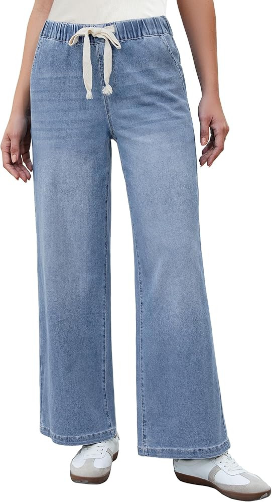 luvamia Wide Leg Jeans Woman High Waisted Trendy Pull On Elastic Waist Drawstring Stretchy Denim ... | Amazon (US)