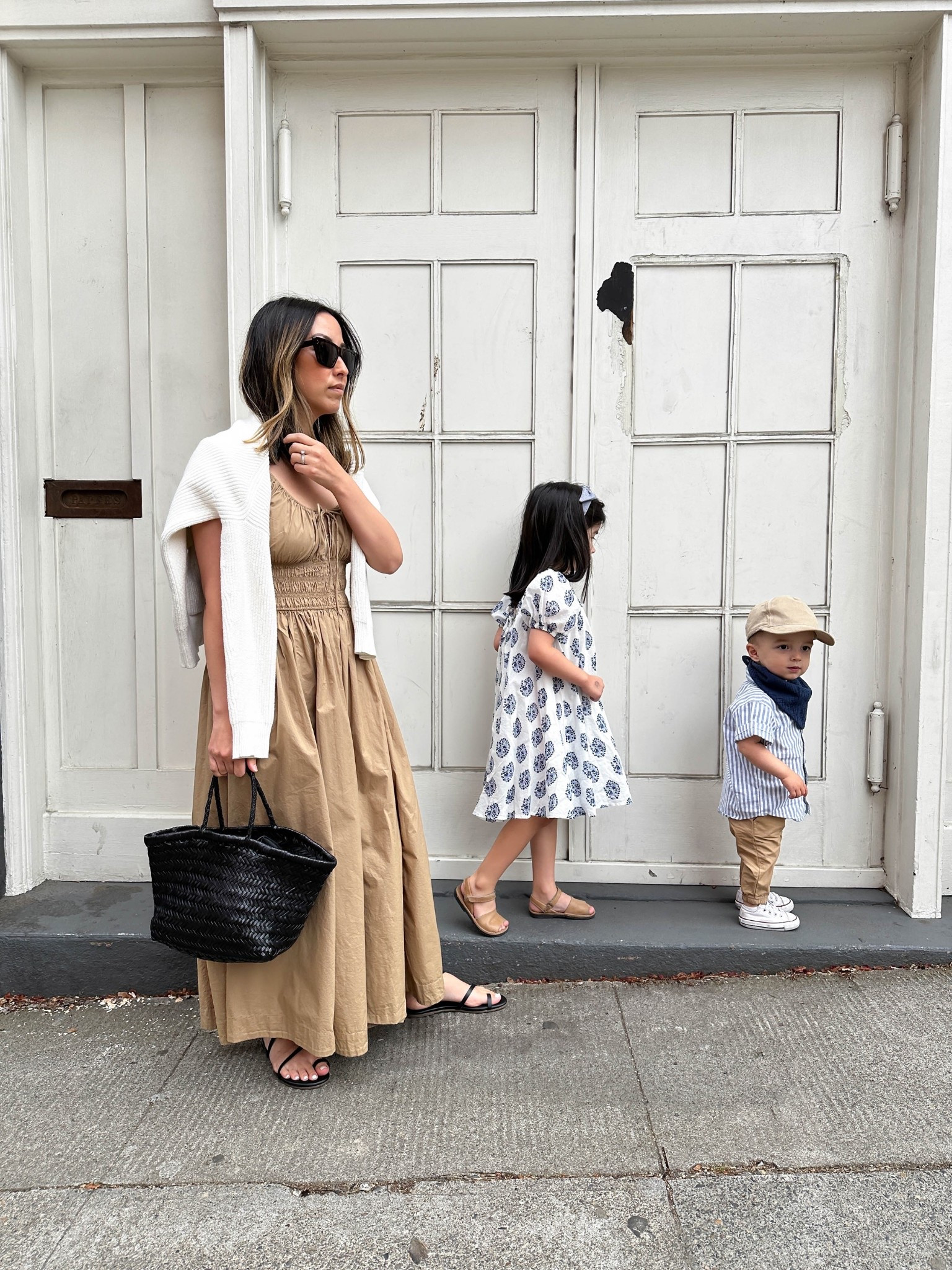 Dress is DÔEN Quinn but the color is old. I found a few on Poshmark. I’m in the xs. 

Harper’s dress is old j.crew 
Camdens wearing old Gap

#LTKPetite #LTKStyleTip #LTKItBag