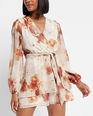 Metallic Floral Ruffle Wrap Front Romper | Express