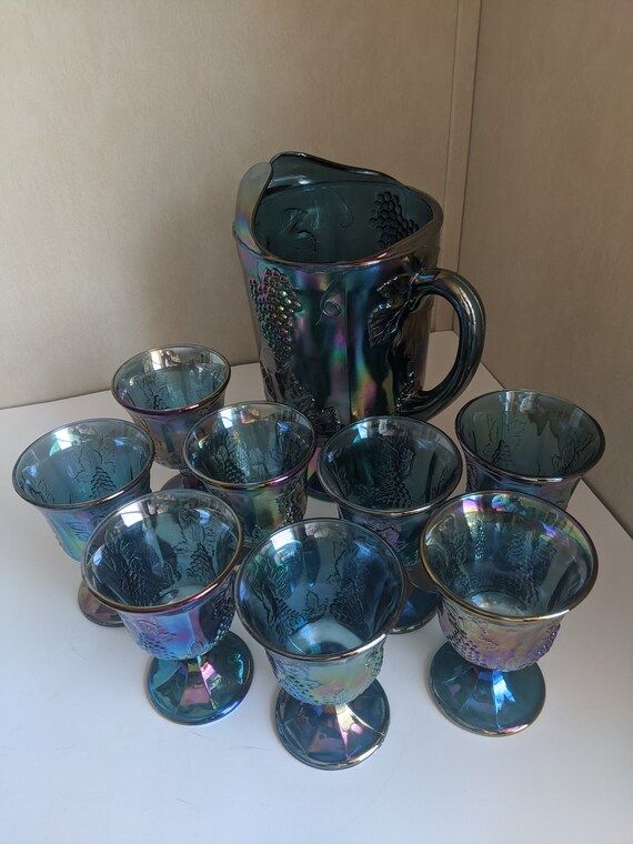 Vintage Indiana Glass blue carnival glass pedestal pitcher and 8 goblets. Harvest grape pattern. | Etsy (US)