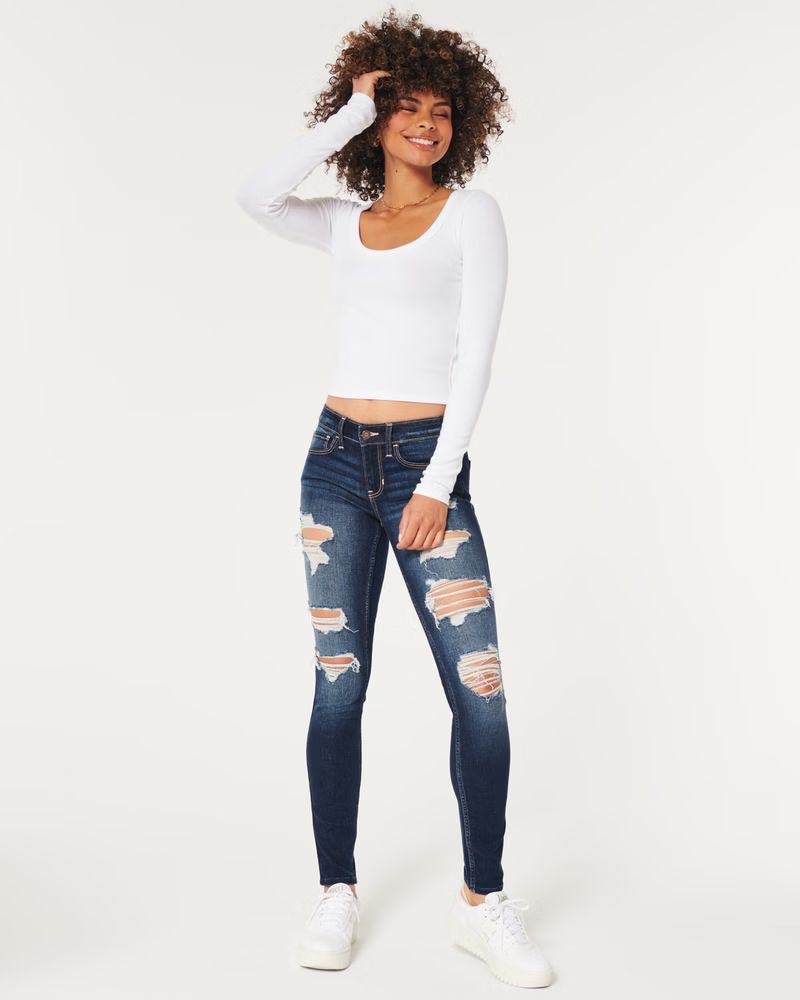 Low-Rise Ripped Dark Wash Super Skinny Jeans | Hollister (US)
