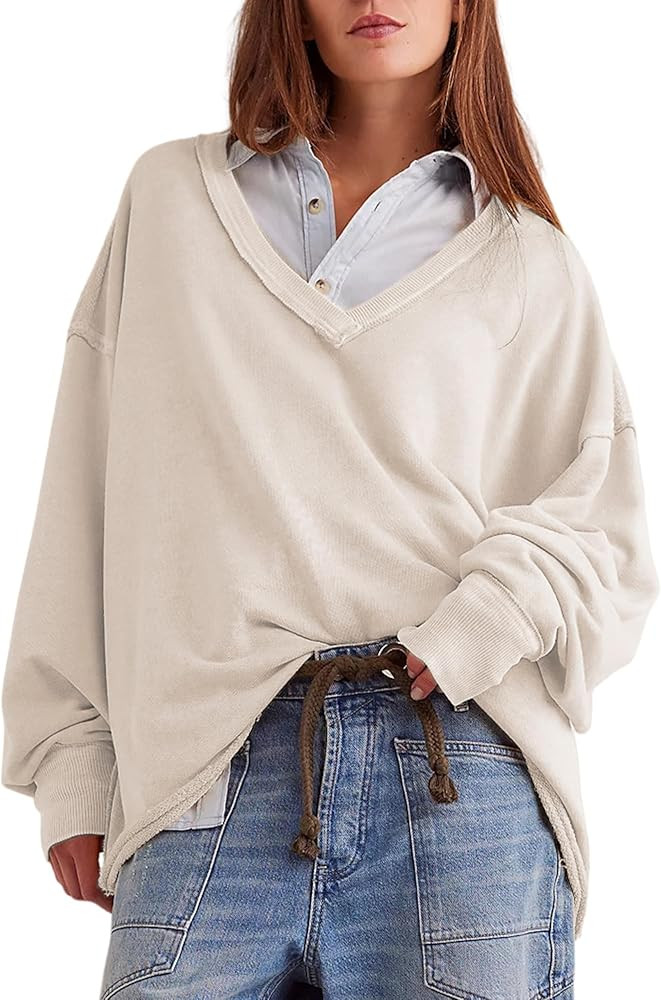 Ailoqing Womens Loose Casual Sweatshirts V-Neck Long Sleeve Pullover Top Fall Winter Outfits | Amazon (US)