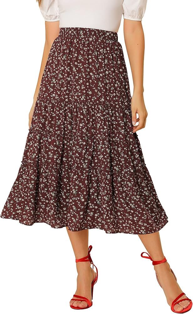 Allegra K Women's Floral Long Skirts Elastic Waist Tiered Ruffle Boho Midi Skirt | Amazon (US)