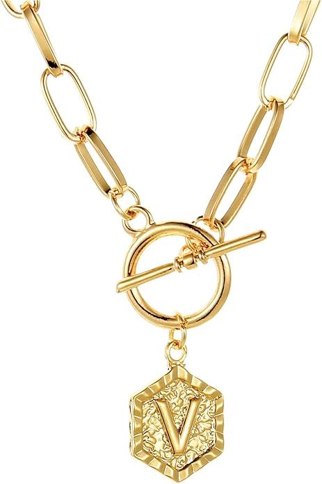 14K Gold Chunky Link Chain Necklace Initial Letter Pendant Hexagon Medallion Minimalist Jewelry f... | Amazon (CA)