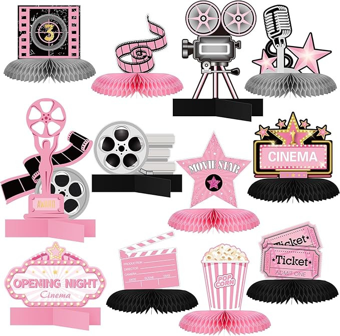 Chinco 12 Pcs Movie Honeycomb Centerpiece Decorations Movie Night Party Supplies Microphone Ticke... | Amazon (US)