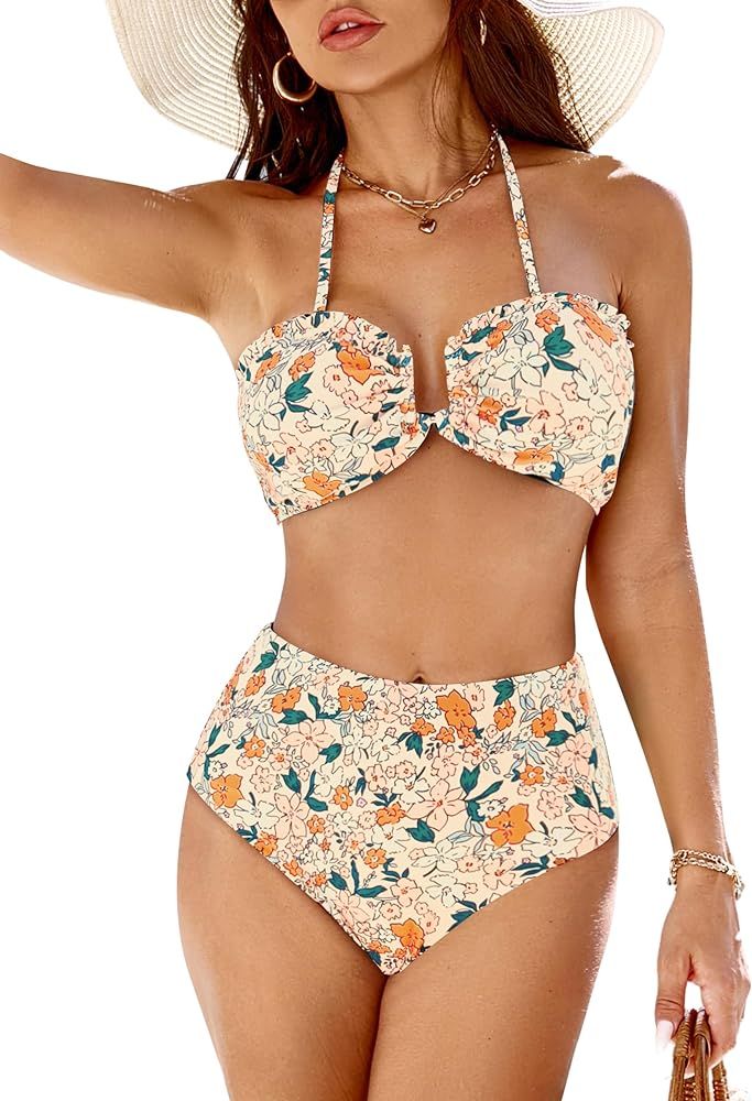 BMJL Womens High Waisted Bikini Sets Sexy Tie Knot Halter Two Piece Swimsuit Tummy Control Floral... | Amazon (US)