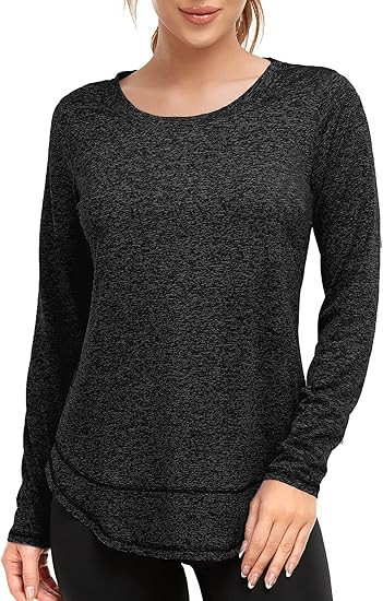 Women's Long Sleeve Workout Shirts Crewneck Sports Yoga Running Dry Fit Tops Side Split Tee | Amazon (US)
