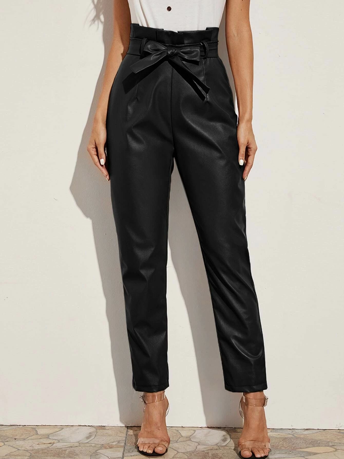 Paperbag Waist Belted PU Leather Pants | SHEIN