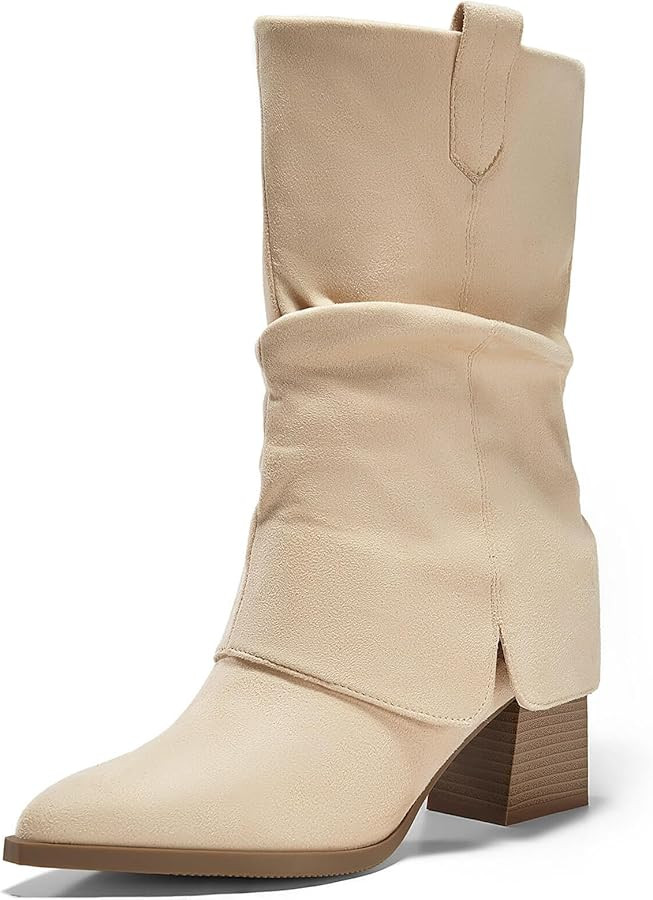 Coutgo Womens Fold Over Mid Calf Boots Slouchy Pointed Toe Chunky Heel Boots Pull On Winter Weste... | Amazon (US)