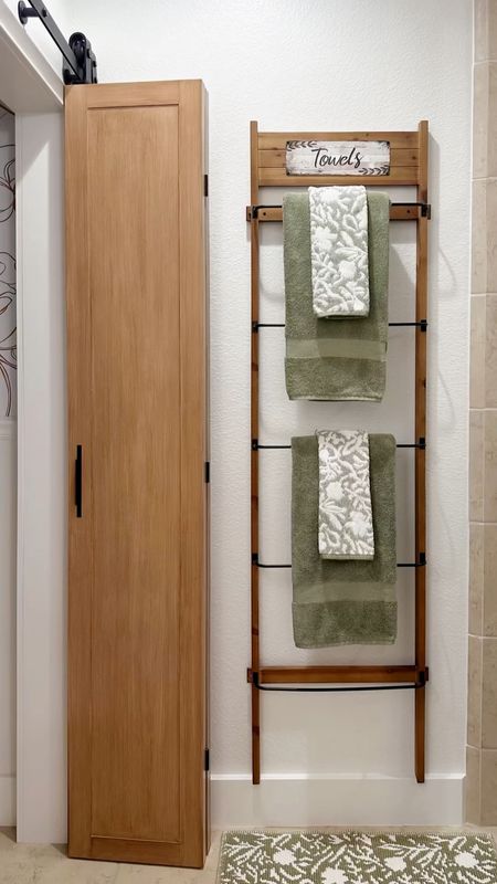 Perfect bathroom towel rack for small spaces! 
Bathroom essentials / towel rack / green decor / neutral home / farmhouse style / farmhouse chic decor

#LTKstyletip #LTKhome #LTKVideo