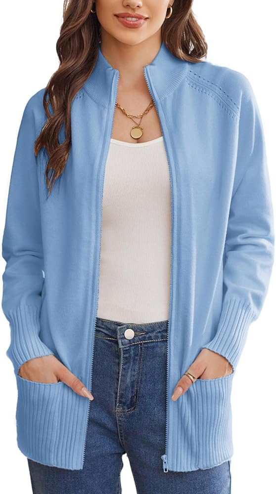 GRACE KARIN Women's Long Sleeve Zip Up Knit Cardigan with Pockets Stand Collar Full Zip Sweater C... | Amazon (US)