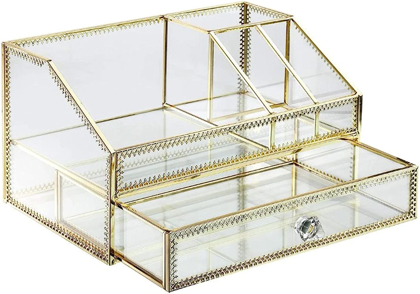 Cosmetics Storage Display Case , Brass Metal Cosmetic Organizer,Glass Makeup Storage,for Countert... | Amazon (US)