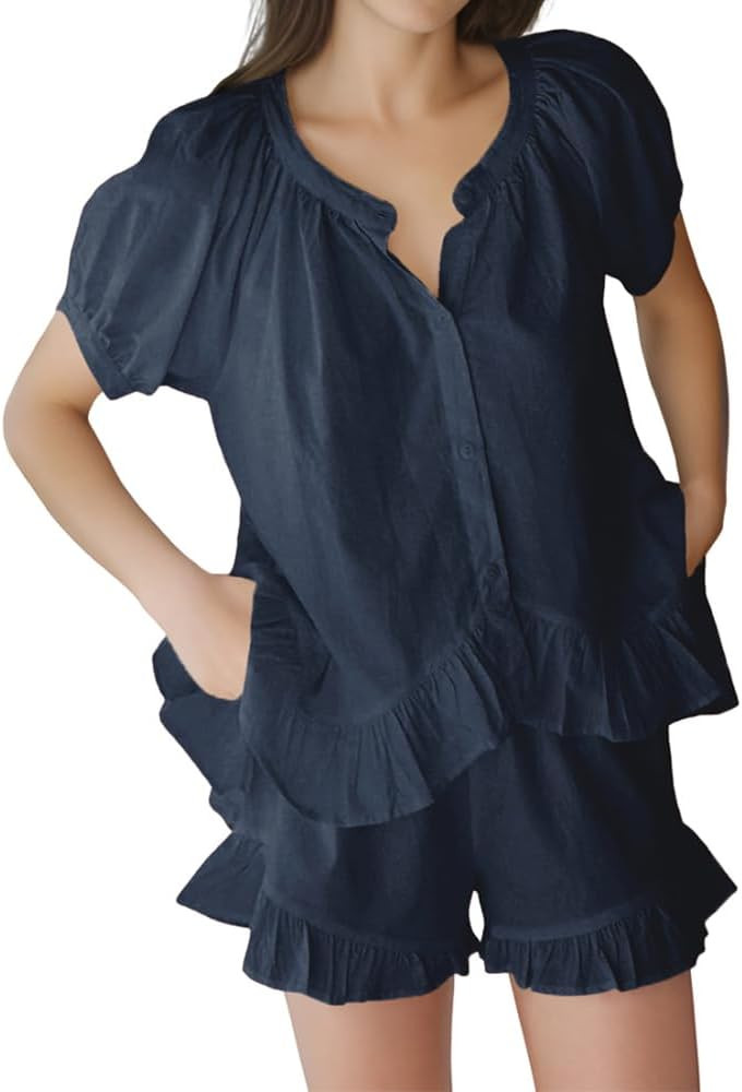 Women's Summer Pajama Sets Short Sleeve Button Down Ruffle Trim Top and Shorts Set Soft Loungewea... | Amazon (US)