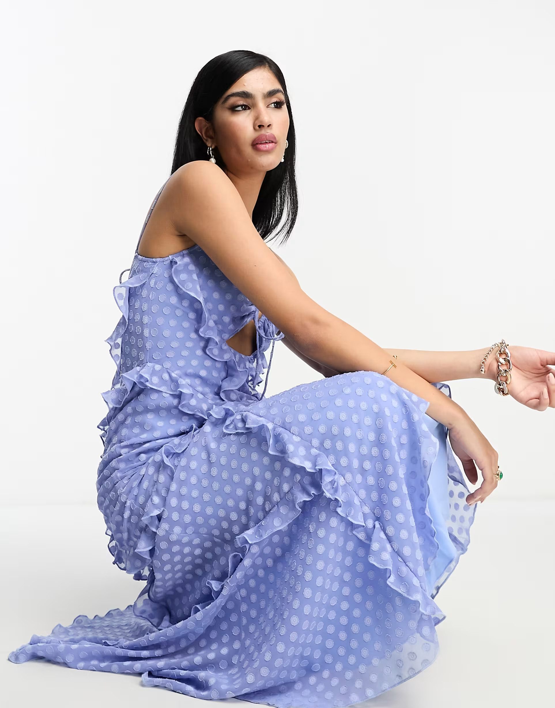 ASOS DESIGN halter ruffle maxi dress with cut out detail in textured spot in blue | ASOS | ASOS (Global)