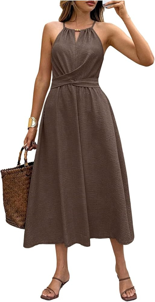 SHENHE Women's Summer Halter Midi Dress Keyhole Twisted Tie Back Flowy Elegant Midi Dress | Amazon (US)