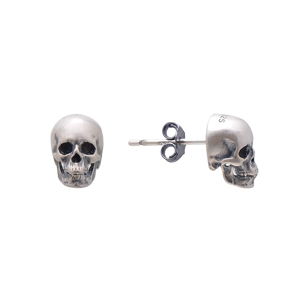 925 Sterling Silver Human Skull Earrings Studs for Men Women Halloween Costume, Oxidized | Amazon (US)