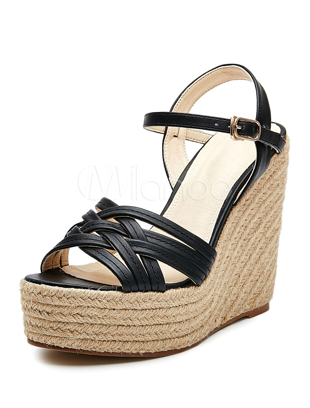 Black Wedge Sandals Women's Open Toe Criss Cross Buckled Sandal Shoes | Milanoo
