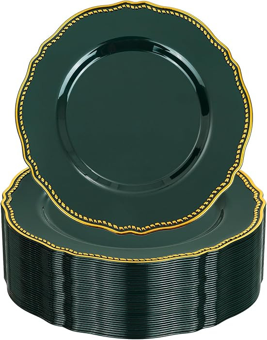 Hioasis 60pcs Green Plastic Plates - Green and Gold Disposable Dinnerware with Gold Rim, Heavy-du... | Amazon (US)