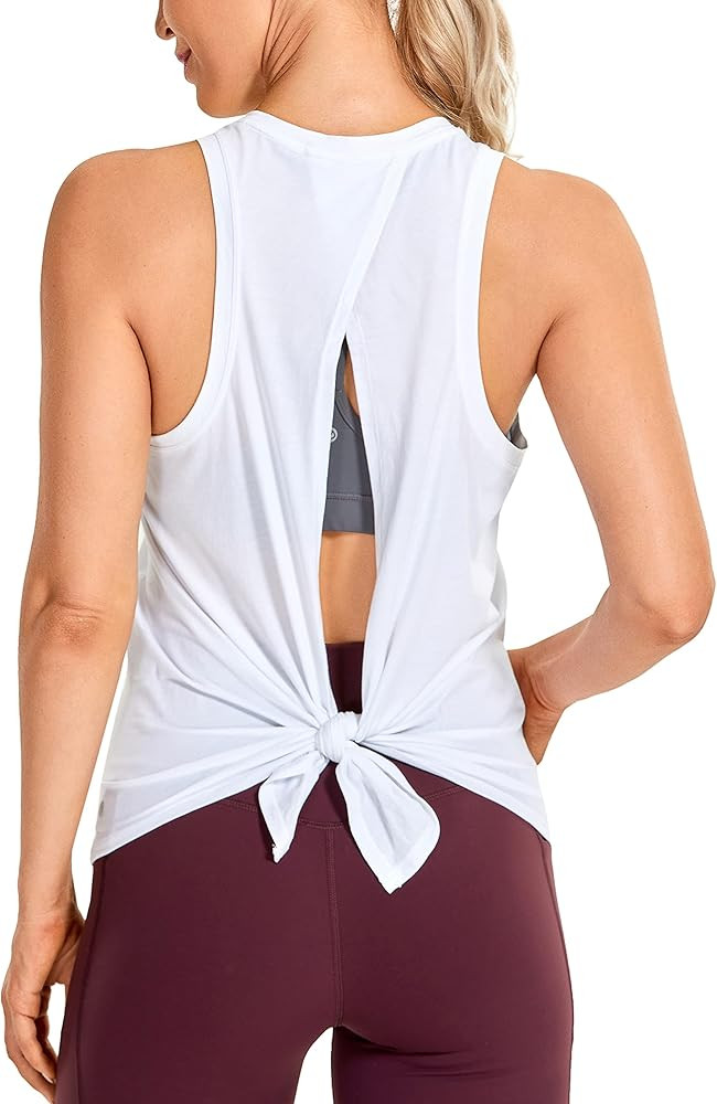 CRZ YOGA Women's Pima Cotton Workout Tank Tops Tie Back High Neck Athletic Shirts Loose Fit | Amazon (US)