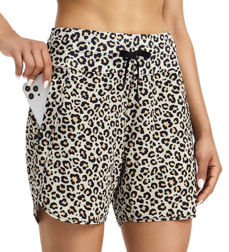 Willit Women's 5" Athletic Running Shorts Quick Dry Workout Hiking Shorts High Waisted Active Shorts Zipper Pocket Leopard XL | Amazon (US)