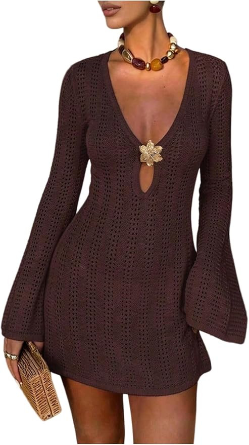 MakeMeChic Women's Swimsuit Coverup Crochet Mini Dress Bathing Suit Beach Cover Up | Amazon (US)