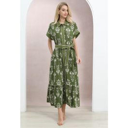 Botanical Print Piping-Trim Belted Shirt Dress for Garden Parties & Brunch Dates | Chicwish