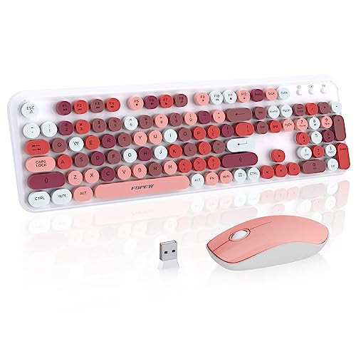 Pink Wireless Keyboard and Mouse Combo, Aesthetic Retro Typewriter Style Round Key Keyboard, 2.4Ghz Wireless Cute Colorful Full Size Keyboard with Number Pad for Long Nails PC Laptop Desktop | Amazon (US)