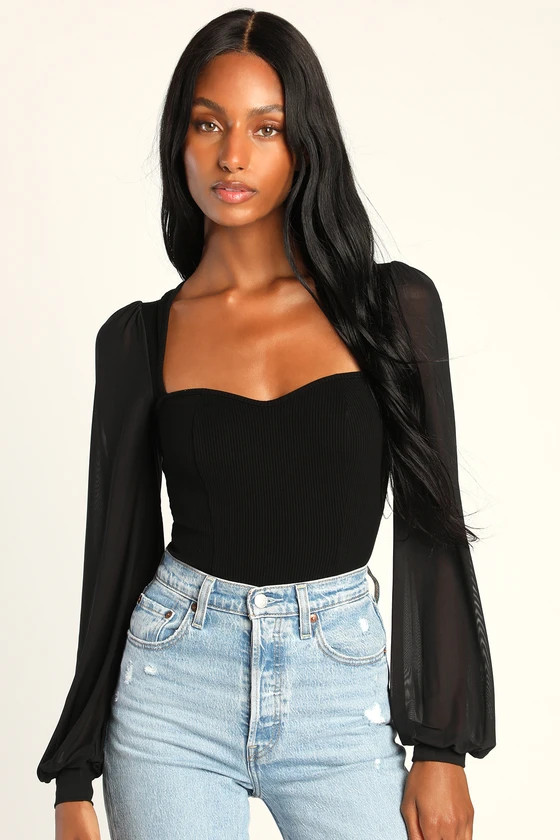 Sensational Sweetheart Black Ribbed Balloon Sleeve Bodysuit | Lulus (US)