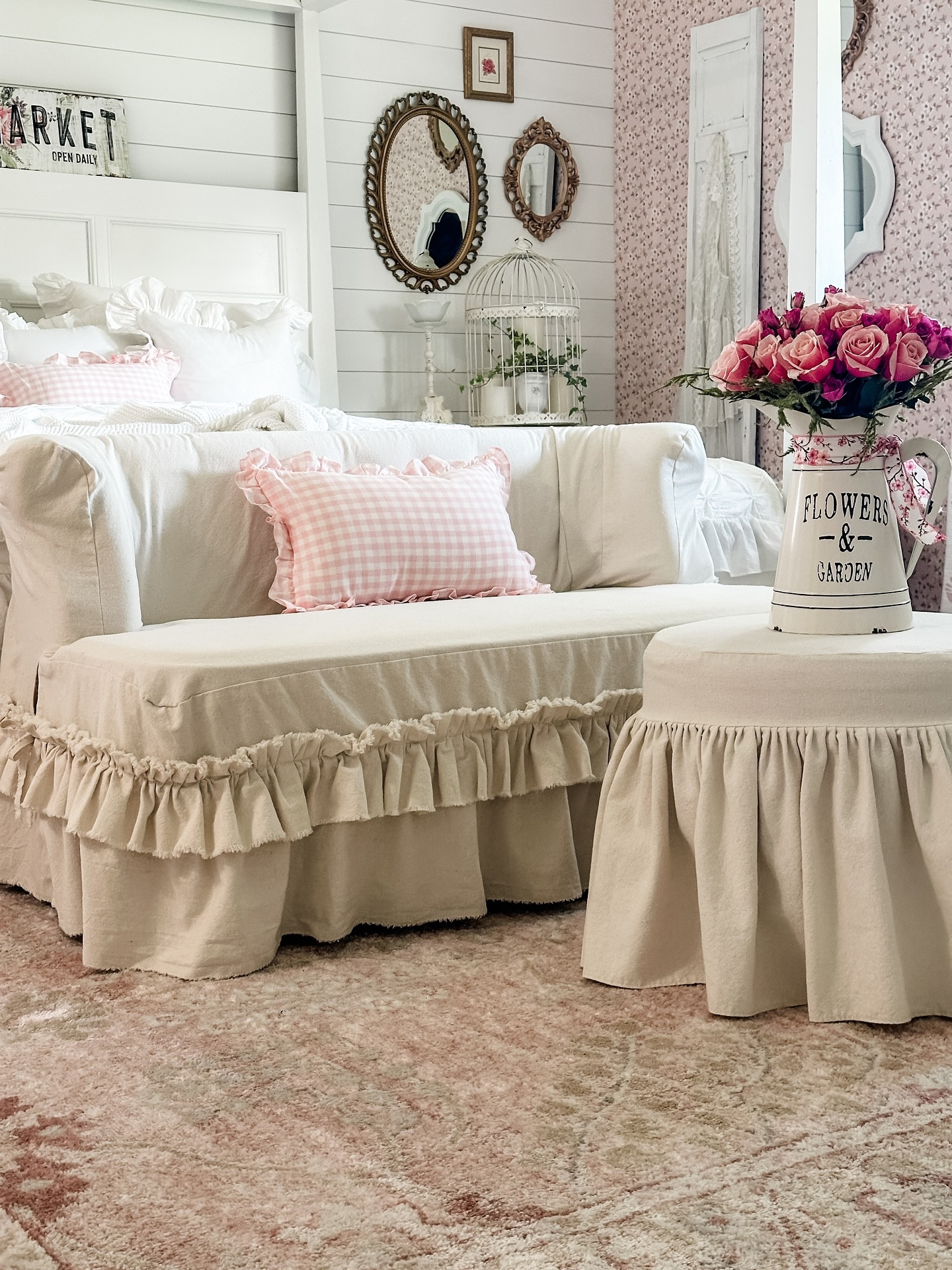 
The custom loveseat ruffle slipcover and ottoman cover are so beautifully made with amazing fabric. Plus, they’re easy to take off and wash. I ordered a cover for my living room ottoman from her a few years ago and it still looks beautiful! I just love how these covers have transformed my bedroom! 
Hand made and so beautiful! Creating cottage cozy bedroom 

Etsy custom covers

Slip Cover for Round or Oval
Ottoman, Custom
Size, Ruffled, Creamy White,Gray or Ivory Cotton, French
Country,Farmhouse, Boho styles
Slipcovers

Comment SHOP below to receive a DM with the link to this post on my LTK ⬇ https://liketk.it/5n6HP #ltkhome #ltkactive #ltkxmadewell

#slipcover #shappychic #prettyinpink #vintagelove #cottagesandbungalowsmagazine #cottagestylemagazine #romantichomesmagazine #neutraldecor #whitehomedecor #shabbyhome


#LTKActive #LTKdayinmylife #LTKHome