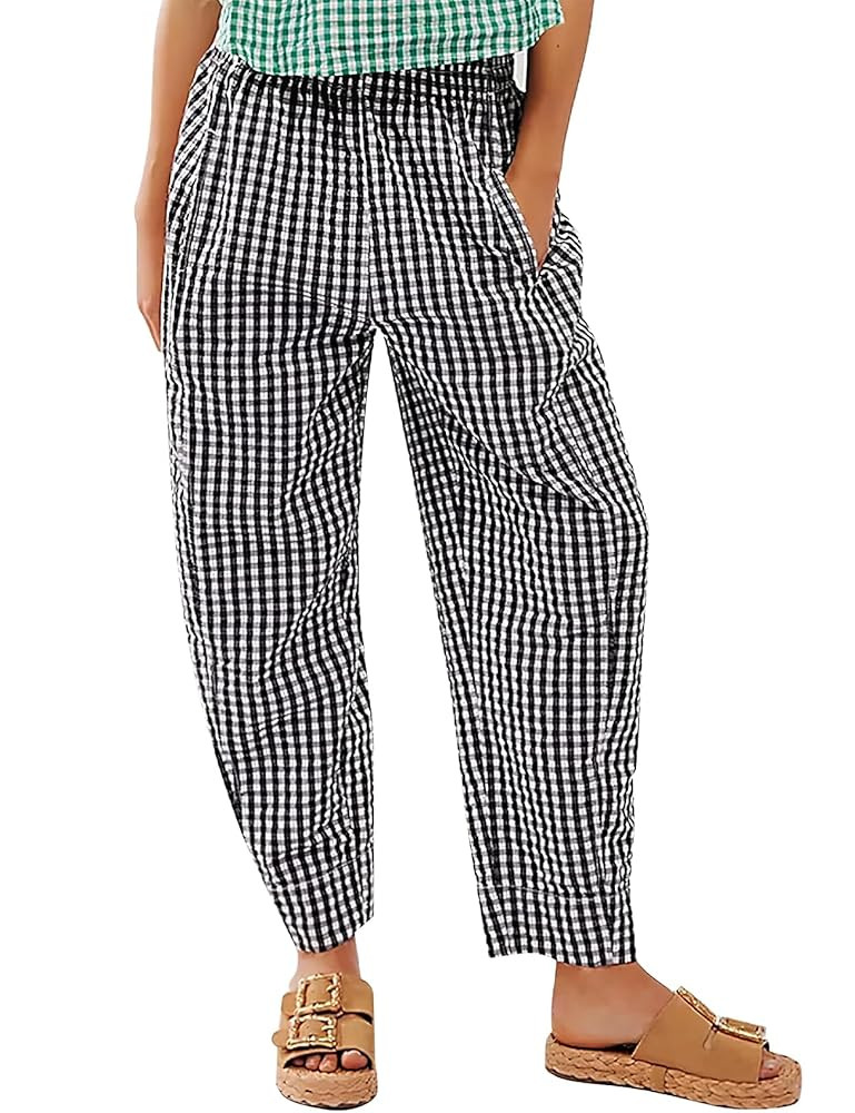 PEHMEA Cotton Gingham Boxer Pants for Women Casual Plaid Harem Trousers Y2K Beach Lounge Bottoms ... | Amazon (US)