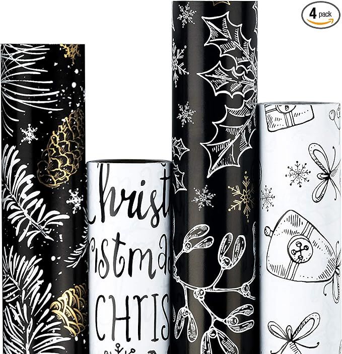 RUSPEPA Christmas Wrapping Paper - Classic Black and White Style Designs - 4 Rolls - 30 inches x ... | Amazon (US)