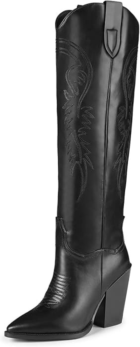 ISNOM Women's Western Boots Knee High Boots, Cowboy Cowgirl Embroidered Chunky Block Heel Pointed... | Amazon (US)