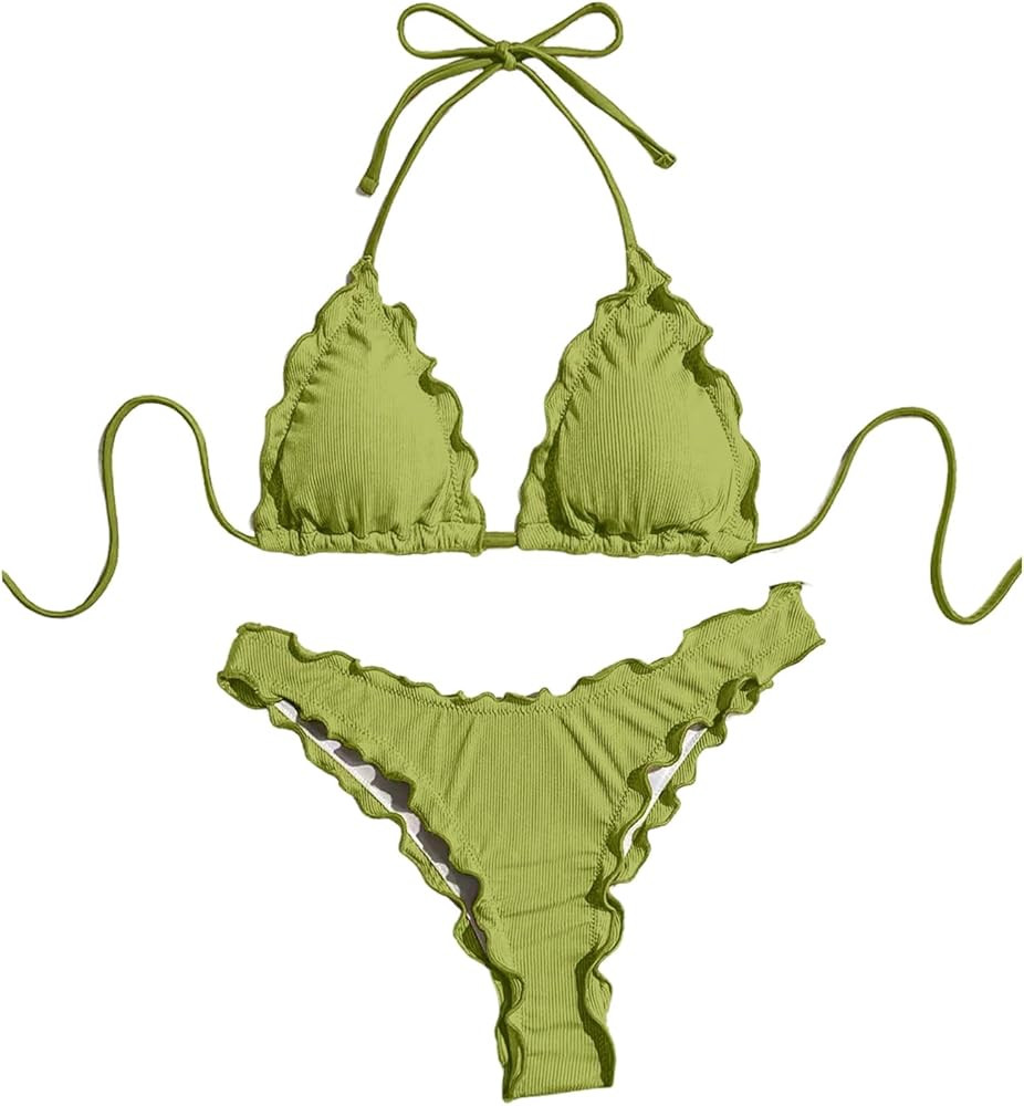 SHENHE Women's 2 Piece Swimsuits Triangle Halter Ribbed Knit Cheeky Frilly Bikini Set | Amazon (US)