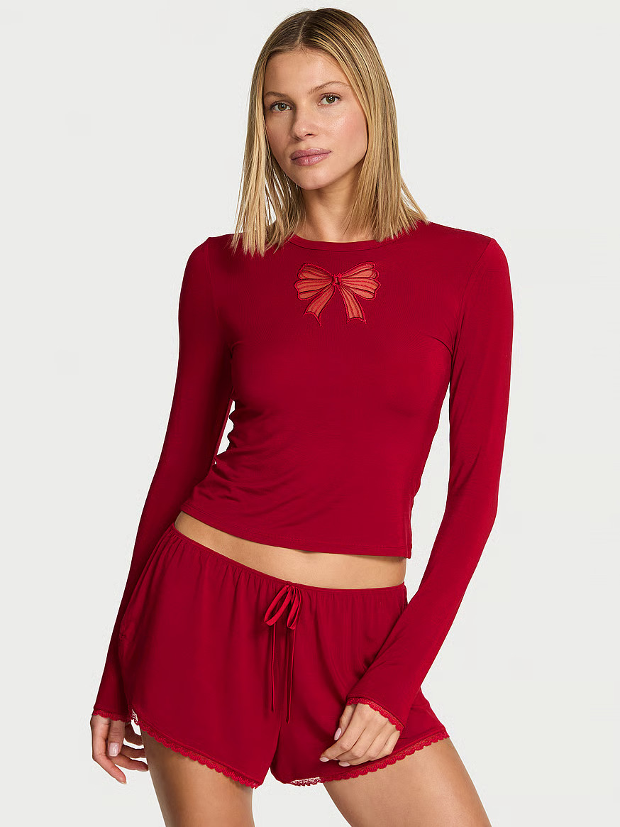 Buy Modal Soft Bow Long-Sleeve Tee & Short Set, Red Lacquer - Order Pajamas Sets online - Victori... | Victoria's Secret (US / CA )