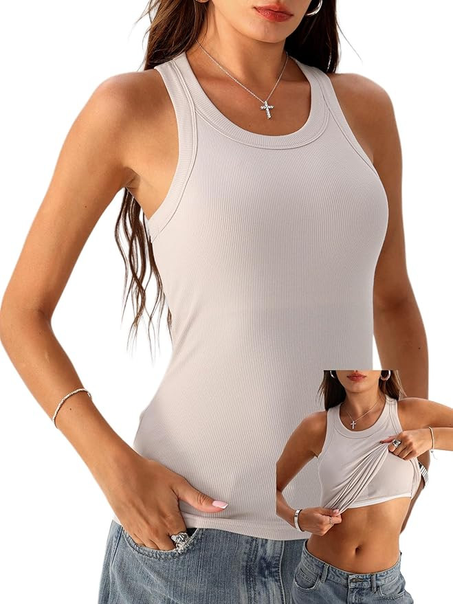 Danysu Racerback Tank Tops with Built in Bra for Women High Neck Ribbed Basics Fitted Long Bra Ta... | Amazon (US)