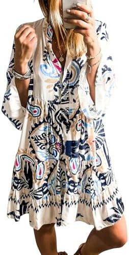 miduo Womens Summer Dress Casual V Neck Buttoned 3/4 Sleeve Bohemian Tribal Print Flowy Mini Dres... | Amazon (US)